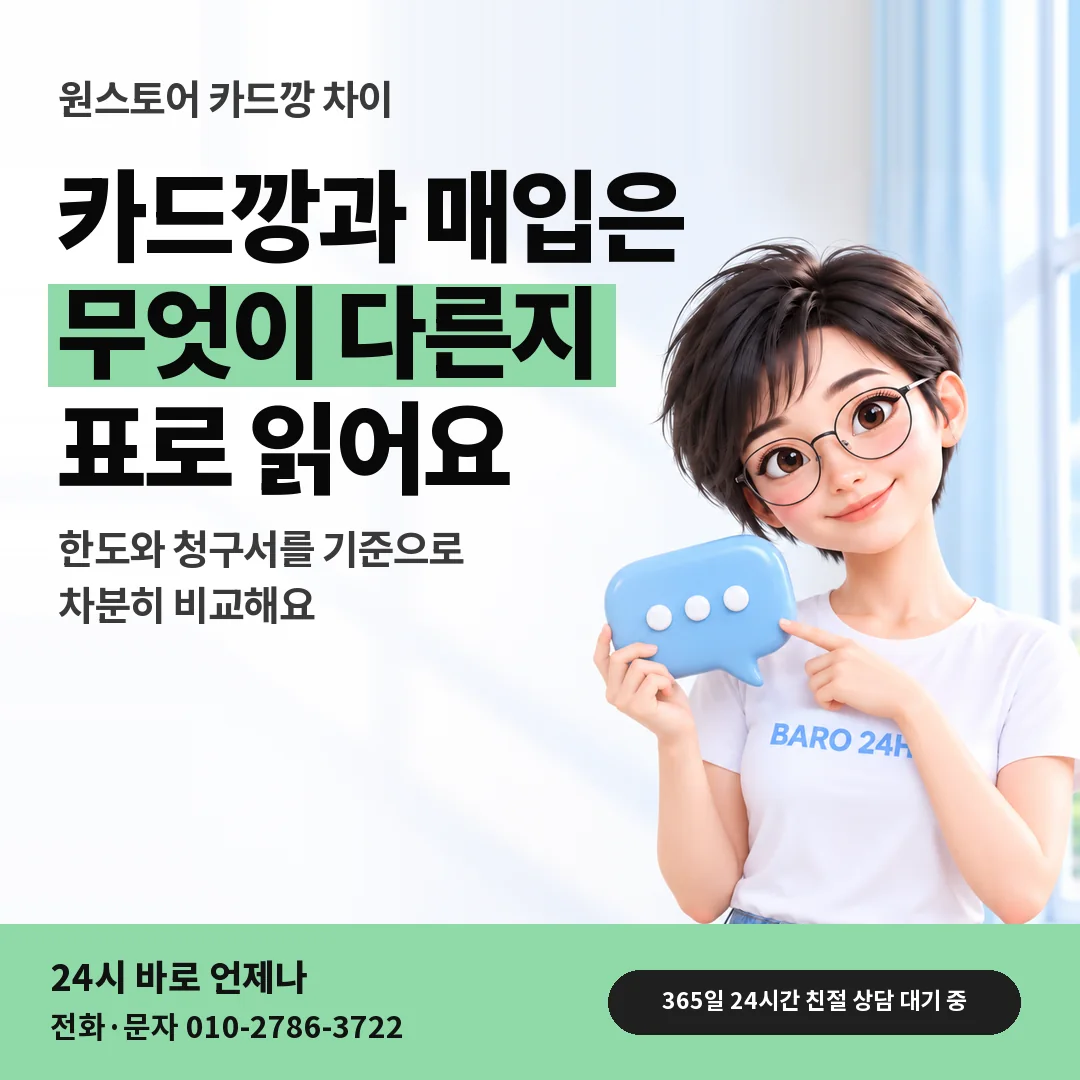 말풍선을 든 BARO 24H 티셔츠를 입은 3D 인물 옆에 「원스토어 카드깡 차이 보기」 제목을 얹은 안내 카드